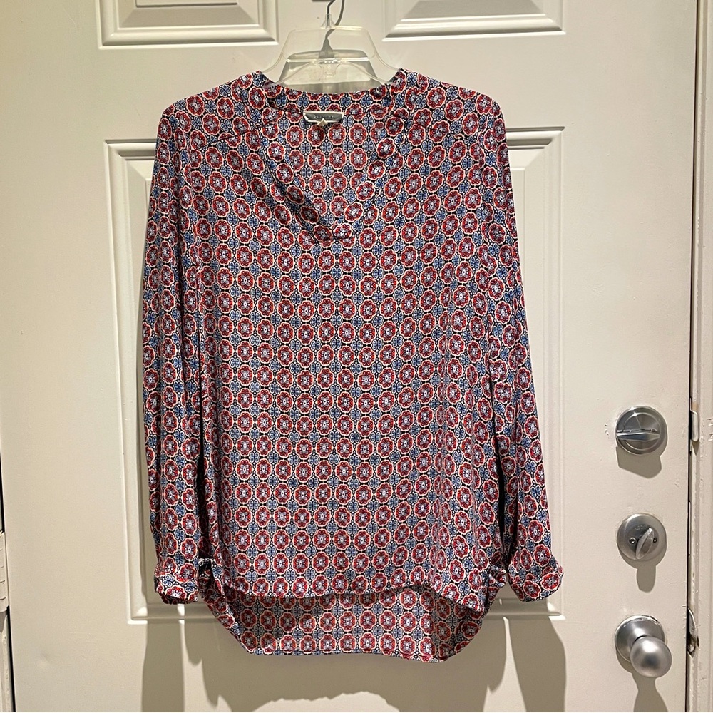Pleione Red White Blue Mandarin Collar Long Sleeve Boho Blouse Top Size Small